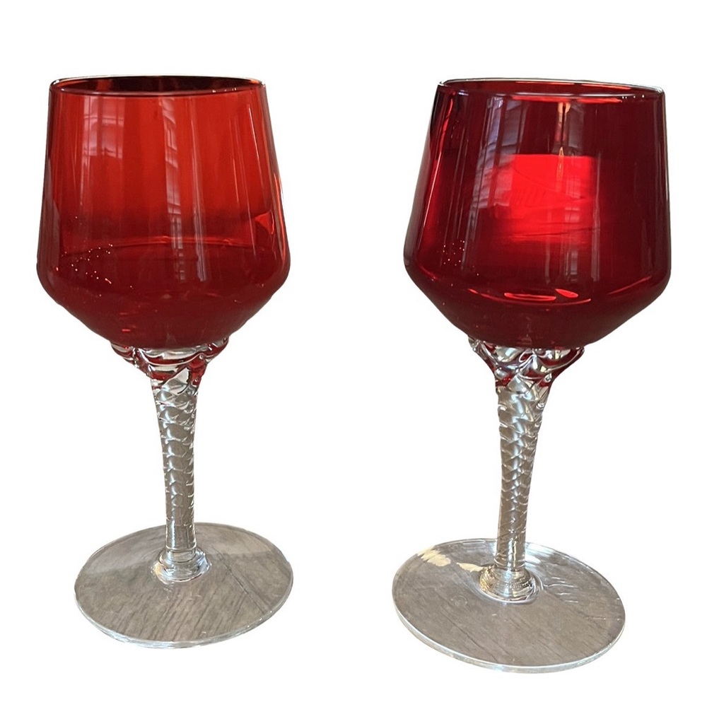 Set of 2 Vintage Ruby Red Twist Swirl Stem Art Glasses
